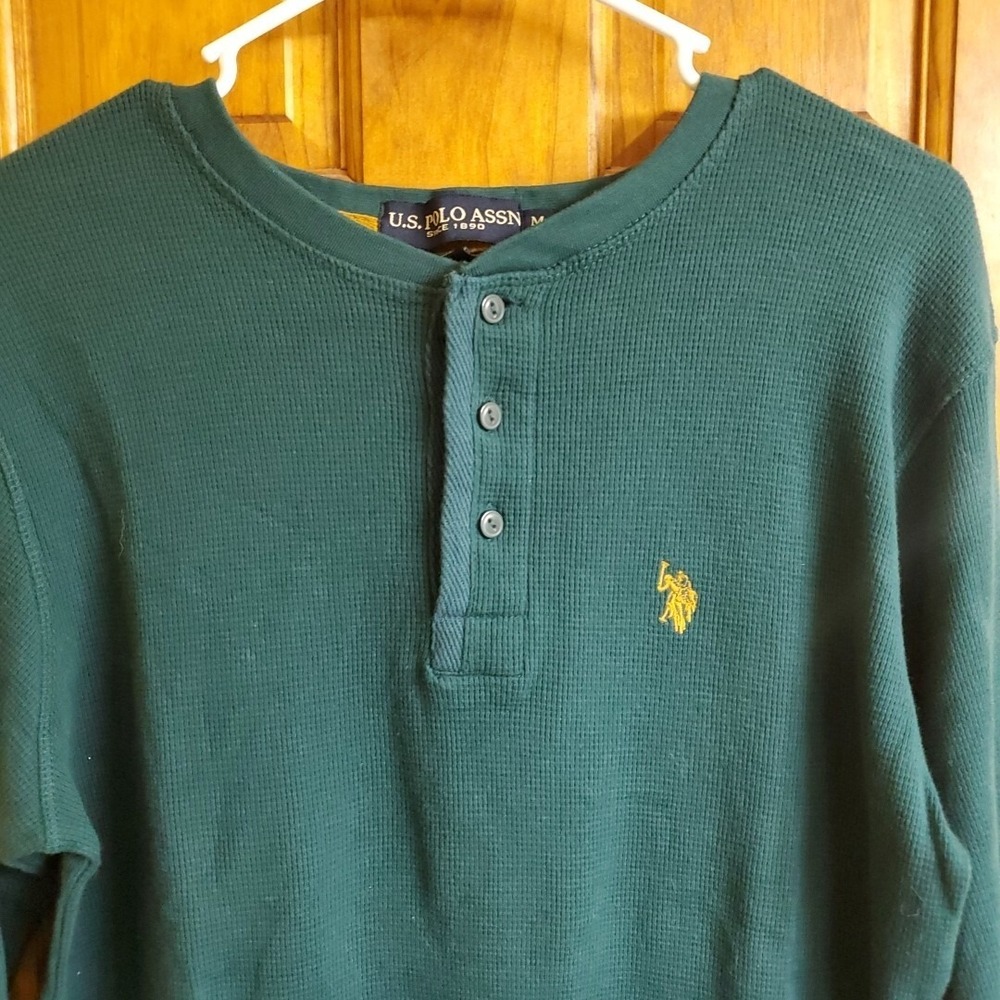 US Polo Assn Medium Henley Mens Green Long Sleeve Waffle Knit Thermal Shirt Logo